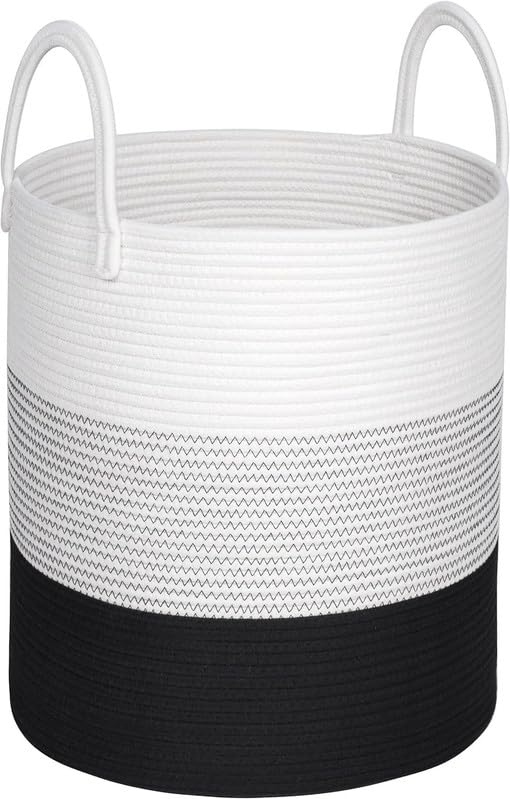 Image of Storage Cotton Rope Basket and Laundry Hamper for Dirty Clothes, Towels, Blankets, Pillows Storage in Living Room, Laundry Room and Bedroom (White Black, 15x18 Inch)
