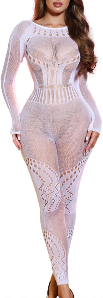 Womens Lingerie Fishnet Bodystocking Attached Stockings Soft Bodysuit Sexy Nightwear Plus Size