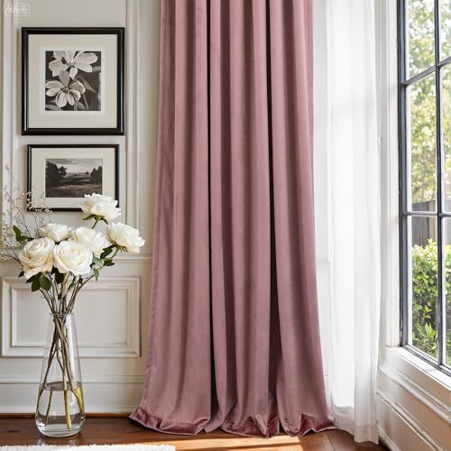 Image of Dusty Rose Pink Velvet Curtains 84 Inch Length for Girls Bedroom 2 Panels Back Tab Pocket Pleated Pretty Cute Luxury Living Room Darkening Thermal Insulated Light Reducing Long Drapes for Dining Room