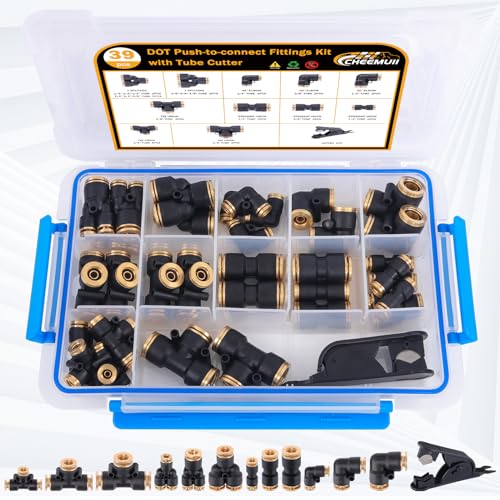 Image of CheeMuii 39 PCS DOT Air Line Quick Connect Fittings 1 /4 inch 3 /8 inch 1 /2 inch Push to Connect Fittings DOT Brass Air Hose Fittings Repair Kit for Semi Truck Air Line Kit or Industrial Air System