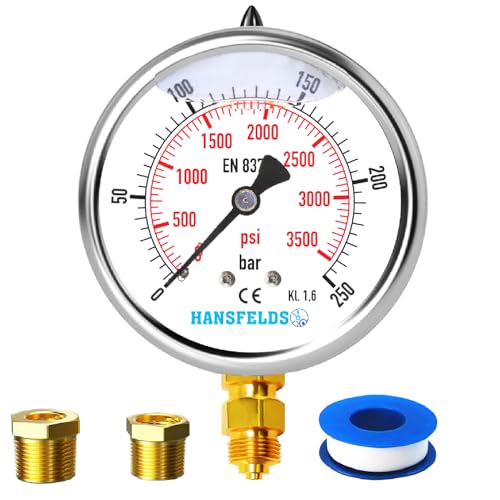 Hansfelds Manometer 0–250 bar/psi, 63 mm Zifferblatt, Messing G1/4" BSP Unteranschluss, flüssigkeitsgefüllt (Glyzerin-gefüllt), Genauigkeitsklasse 1.6, inkl. 2 Reduzierstücke auf 3/8" und 1/2".