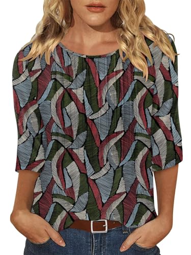 KISSMODA Tunic Tops for Women Loose Fit Dressy Round Neck Pleated 3/4 Length Sleeve Spring Tops