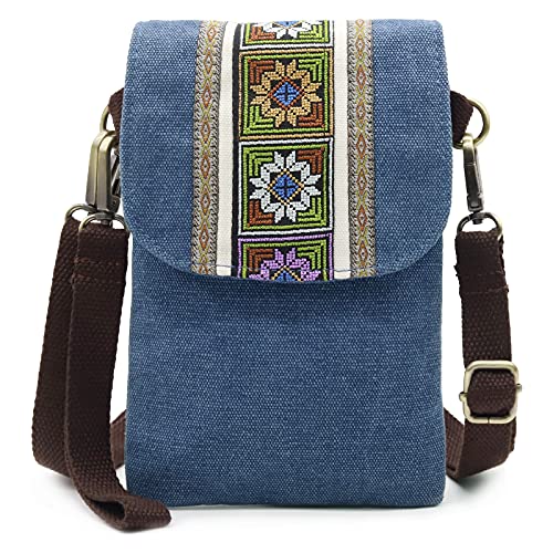 Vintage Embroidered Canvas Small Flip Crossbody Bag Cell Phone Pouch for Women Wristlet Wallet Bag Coin Purse (Navy blue 03)