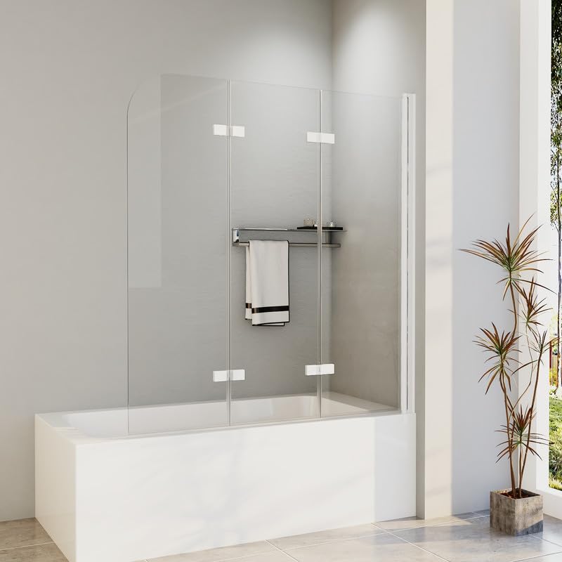 Duschwand für Badewanne 130x140cm 3-Teilig Faltbar Badewannenaufsatz, Weiß Alu Duschabtrennung mit 6mm NANO Easy-clean Sicherheitsglas, Duschtrennwand Faltbar 180°