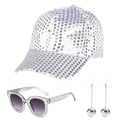 EUPSIIU 3 Piezas Accesorios de Discoteca de los 70 Disfraz Sombrero de Discoteca Plateado para Accesorios de Discoteca de los 70 con Sombrero de Lentejuelas Gafas de Sol Pendientes (3 Piezas)
