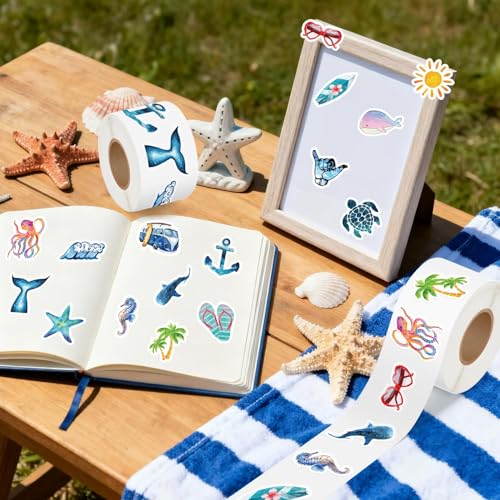 Haooryx Summer Beach Sticker Rolls, 1000 Pcs Watercolor Sea Animals - image 4