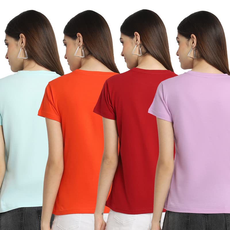 Preneum Lot de 4 t-shirts décontractés à manches courtes en coton pour femme
