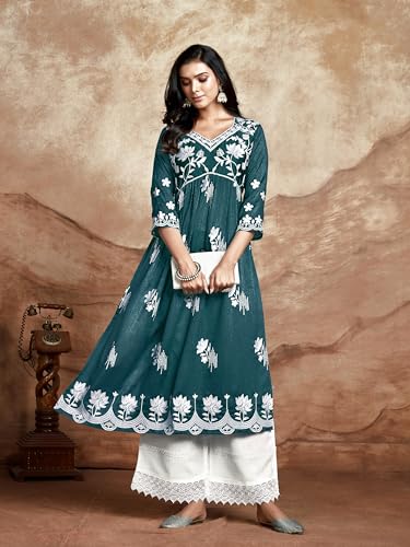 Image of EthnicJunction Women's Silk Blend Regular Fit Chikankari Embroidered Naira Cut Kurta