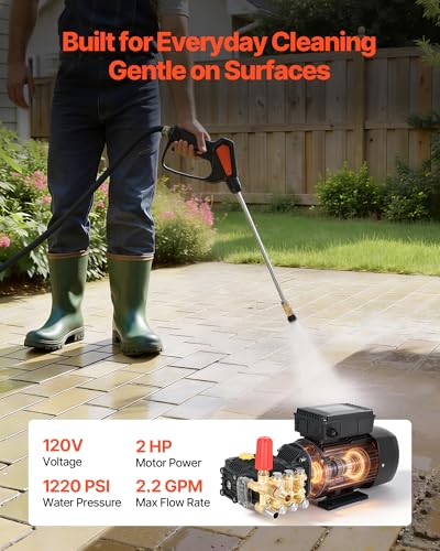 Image of VEVOR Electric Pressure Washer Pump Kit, 1220 PSI, 2.2 GPM, Triplex Power Washer Pump with 2 HP Motor 120 V, Includes Wall Mount Bracket, Spray Gun, Wand, Hose, 5 Nozzles, for Washing Cars, Gardens