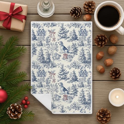 Image of Christmas Chinoiserie Dog Kitchen Towels, Vintage Beagle Dish Tea Towels for Kitchen, Blue French Holiday Decorative Hand Towel for Bathroom, 16x24 Inch