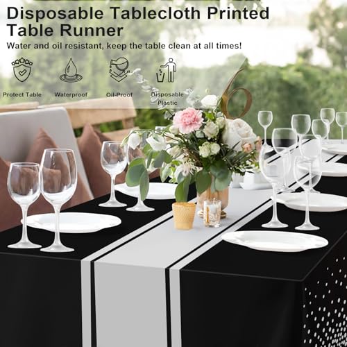 Image of 6 Pack Black and Silver Tablecloth Party Decorations Plastic Black Tablecloth Printed Silver Table Runner 54 x108 Inch Disposable Rectangle Table Cover for Birthday Wedding Graduation