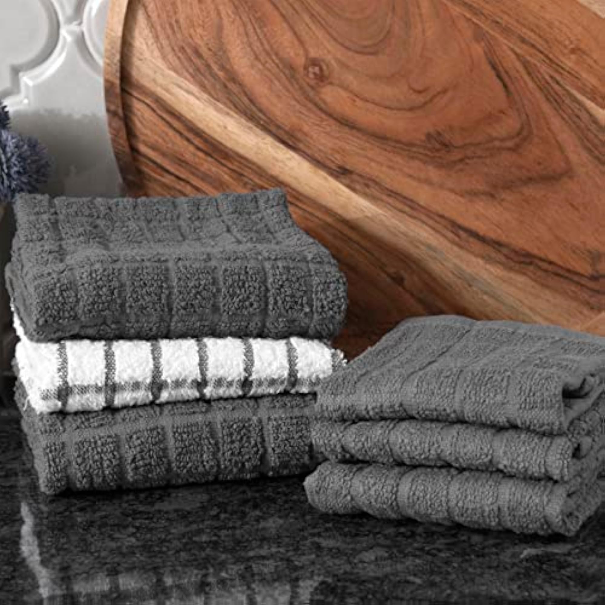 Terry Cotton Kitchen Towel and Dish Cloth, Graphite 6 Towel Set