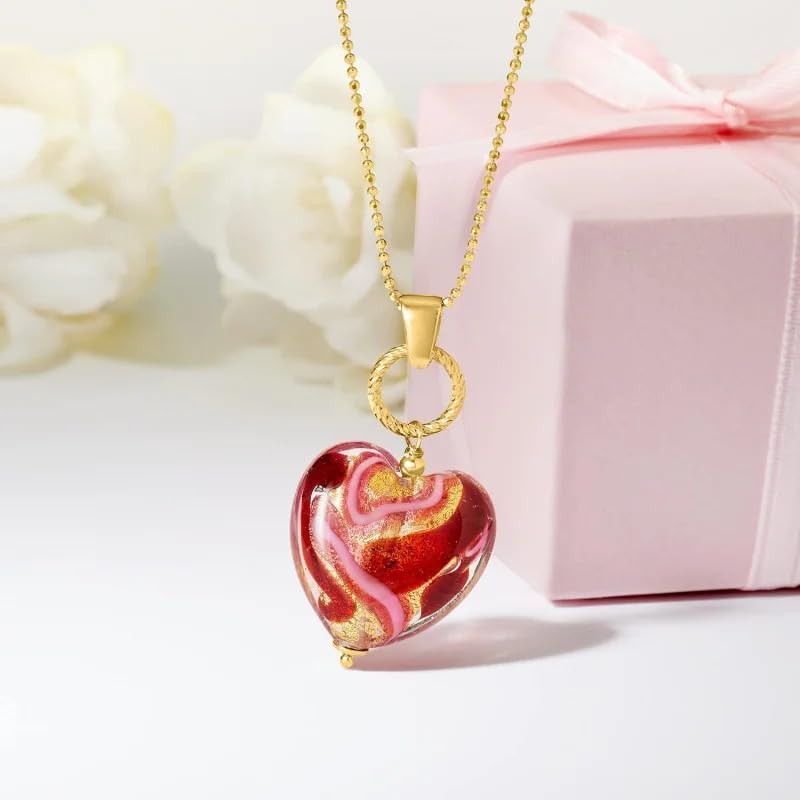 Red Murano Glass Heart Necklace for Women, 18K Gold Plated 925 Sterling Silver Adjustable Chain, Dainty Valentine Christmas Birthday Gift for Her