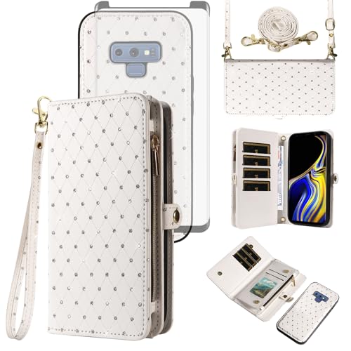 Protection Galaxy Note 9 portefeuille fermeture éclair avec sangle bandoulière et verre