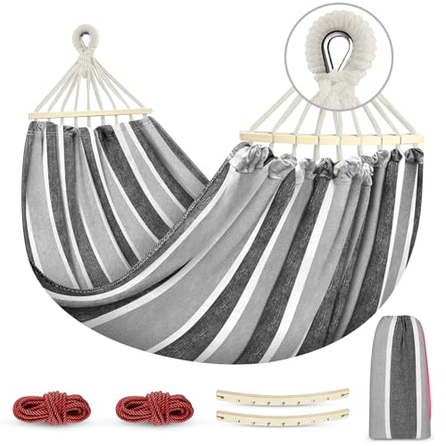 Image of MOSFiATA Hammocks Portable Camping Hammock Upgraded 550lb Comfortable Fabric Hammock with Two Anti Roll Balance Beam and Sturdy Tree Straps for Camping, Patio, Backyard, Outdoor(Grey)