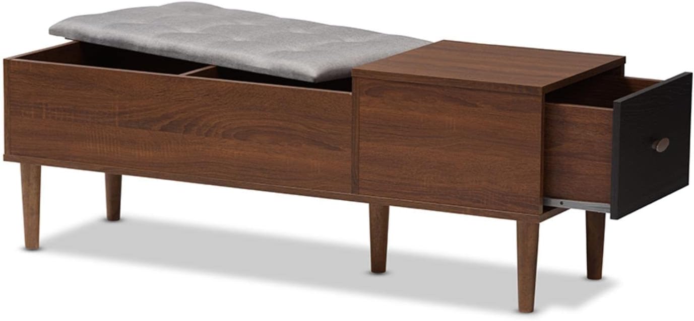 Baxton Studio Merrick Bench Shoe Rack Cabinet Brown//Medium Wood/Mid-Century/Fabric Polyester 100%"/Engineered Wood/Faux Wood Veneer/Powder Coated Vinyl (Legs)/Foam