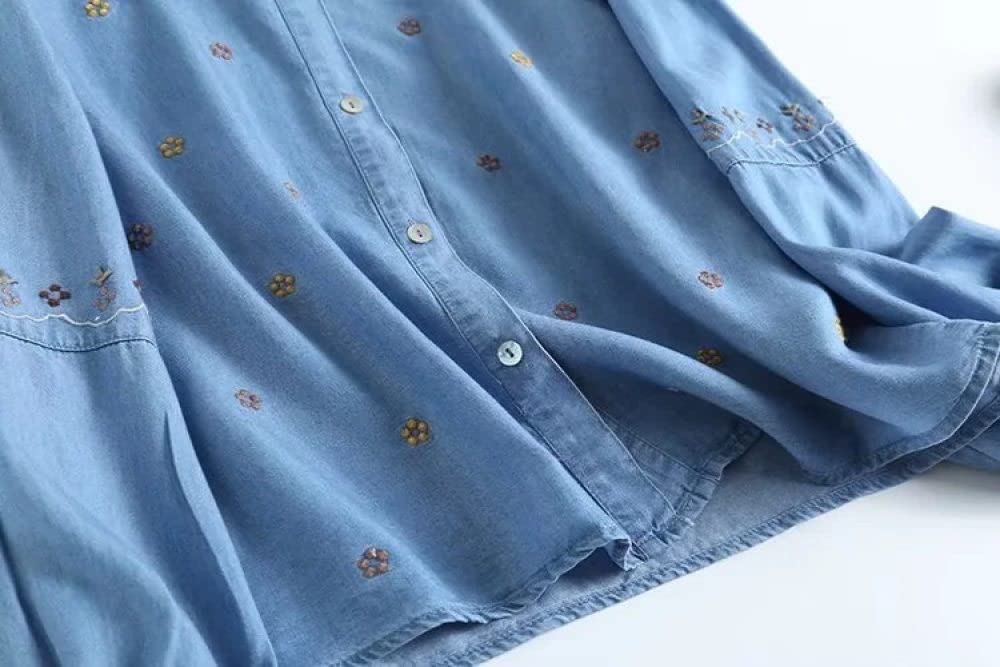 MIDJ Bluse Damen,Elegante Damen Jeanshemdbluse Langarmshirts Rüschen Blumenstickerei Pullover Tunika Business Jeanshemd Lässige Stehkragen Tops für Mädchen