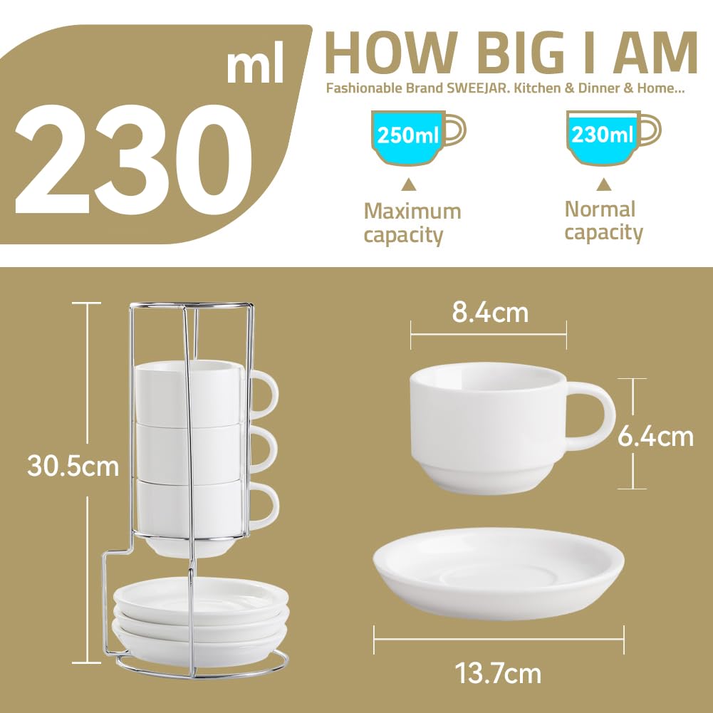 Sweejar Home Tazas de capuchino de porcelana con platillos y soporte de metal, tazas de espresso apilables de 230 ml para bebidas de café especiales, latte, americano, té, juego de 4 (negro)