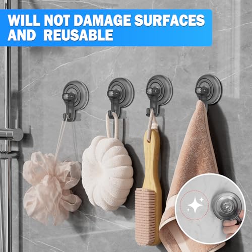 TACGEA Suction Cup Hooks for Shower, Powerful Vacuum Shower Hook for Towel, Robe, Loofah - Reuseable and Removeable Bathroom Hook, Gray, 6 Pack — view 5