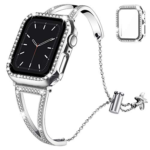 Recoppa Compatible with Apple Watch Band 38mm 40mm 42mm 44mm Series 6 5 4 3 2 1, Jewelry Bracelet Bangle Wristband and Bling Case with Tempered Glass Screen Protector for iWatch(Silver Diamond/40mm)