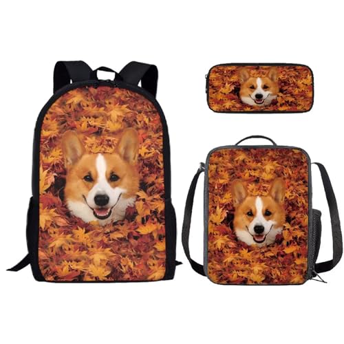 Set di 3 zaini per la scuola elementare per ragazze con portapranzo isolato portapenne per bambini Foglie di Corgi Car
