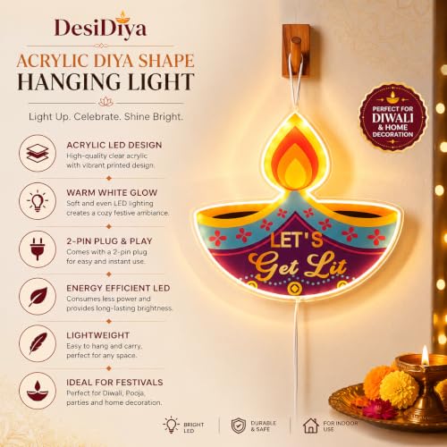 Image of Desidiya Diya LED Hanging Light | Warm White Double-Sided Festival Decor | Double-sided illuminated artwork offers vibrant visibility from both front and back.