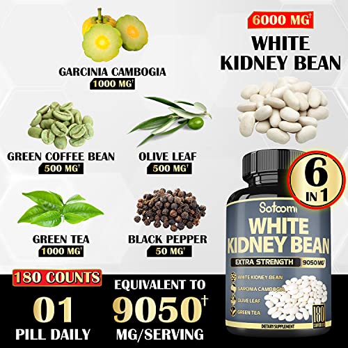 Premium 6In1 White Kidney Bean Extract Capsules - 𝟔 𝐌𝐨𝐧𝐭𝐡 𝐒𝐮𝐩𝐩𝐥𝐲 - Equivalent To 𝟗𝟎𝟓𝟎𝐦𝐠 - Extra Blend With Olive Leaf, Green Coffee Bean & Green Tea - Support Carb Scale Down #TOP3