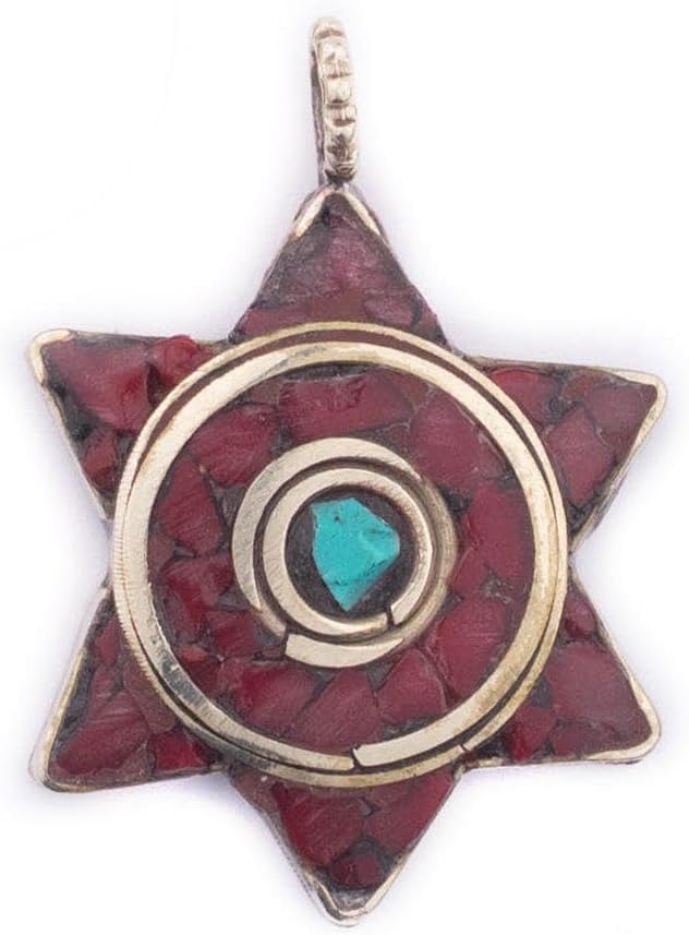 TheBeadChest Red & Blue Nepal Star of David Pendant Multicolor Brass Large Hole