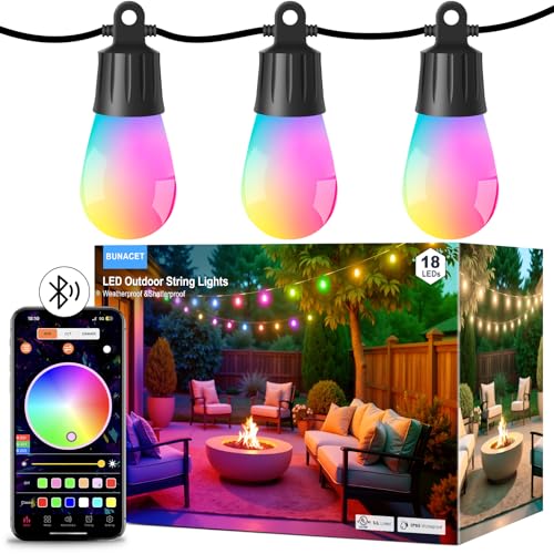 Image of Outdoor String Lights 18 LED Bulbs, 64(52+12) ft RGB+IC+Warm White | APP Control with Remote,Outdoor Lights Music Sync for Garden Party Decor Christmas, NOT Extendable