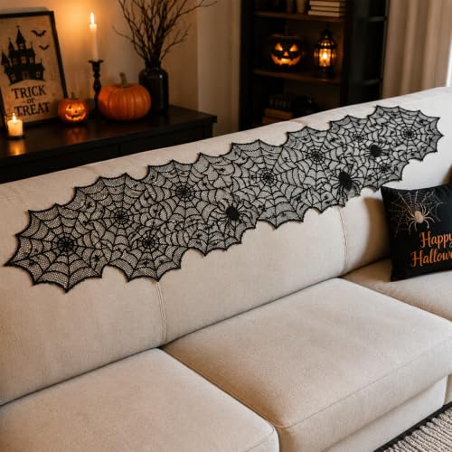 Oeyliz Halloween Decorations Black Lace Spider Web Table Runner 18 x 72Inch - image 5