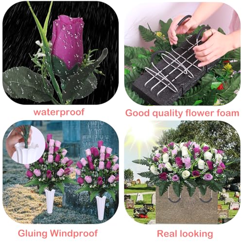 Lodou Artificial Cemetery Flower Saddles for Graves, Cemetery Memorial Flowers with Vase and 2 Memorial Bouquets for Grave Tombstone,Outdoor Grave Saddle Headstone Decorations (Pur image 7