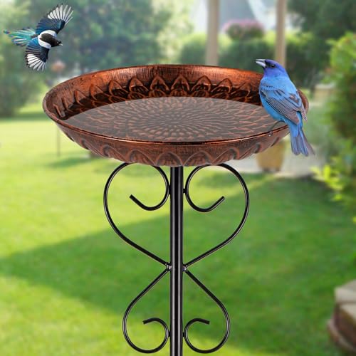 Qipade Metal Bird Baths for Outdoors 38 H Copper Birdbath with 11.4 Inch Bowl Standing Bird Bath & Bird Feeder with Stake for Outside Garden Patio Yard Lawn Decor
