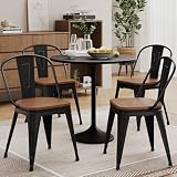 Alunaune 18inch Metal Dining Chair Set of 4 High Back Classic Chic Iron Farmhouse Chairs Industrial Stackable Coffee Stools Bistro Cafe Side Barstools Wood Seat-Black