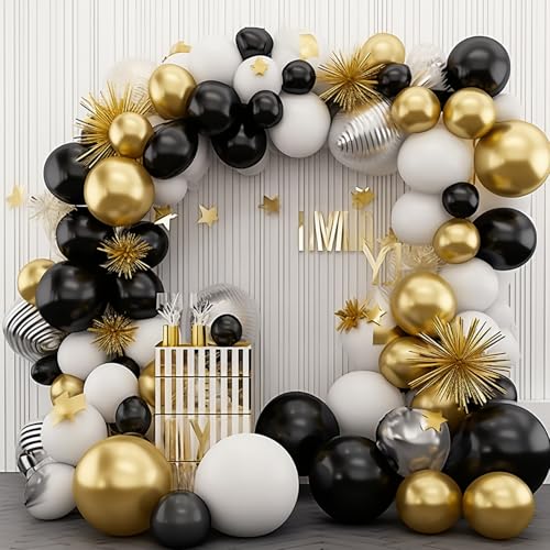 Image of PartyWoo Black Gold and White Balloons, 140 pcs Black White and Metallic Gold Balloons Different Sizes Pack of 18 Inch 12 Inch 10 Inch 5 Inch for Balloon Garland or Arch as Birthday Party Decorations