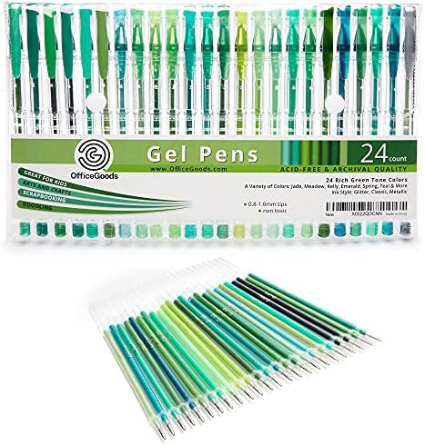 OfficeGoods Green Gel Pens + Refills - 24 Premium Colors - Fast Drying Smudge Free - Metallic, Glitter Classic Ink - 0.8-1.0 mm Tips