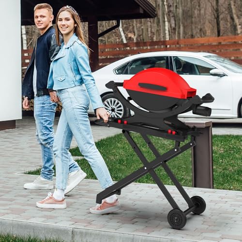 Image of Grill Stand for Weber Q Grill Cart, BBQ Portable Grill Table for Weber Q1200 Q1000 Q2000 Q1400, Heavy-duty Trolley Collapsible Dining Table for Outdoor Camping BBQ Cooking Tailgating, Black, 2 Wheels