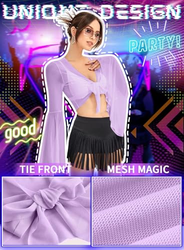 Rave Bell Mesh Crop Top for Women - EDC Festival Long Sleeve Tie Front Sheer Shirt Ruffle Fairycore Blouse Outfits3