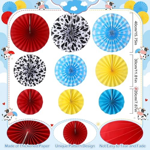 Image of Outus 9 Pcs Cartoon Story Party Paper Fans Blue Sky White Clouds and Cow Print Hanging Decorations Red Yellow Blue Paper Fans Hanging Ceiling Wall Decors for Birthday Baby Shower Party Supplies