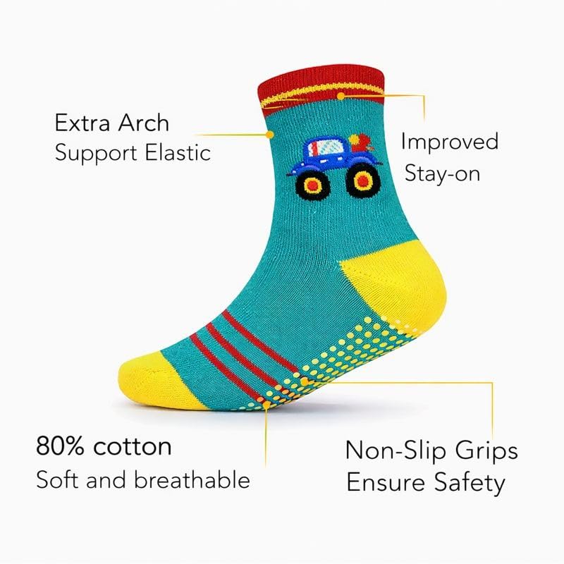 Image of Non Slip Kids Toddler Cotton Socks with Grip | Anti Skid Crew Socks for Babies & Toddlers | Soft Breathable Regular Socks | Assorted Prints