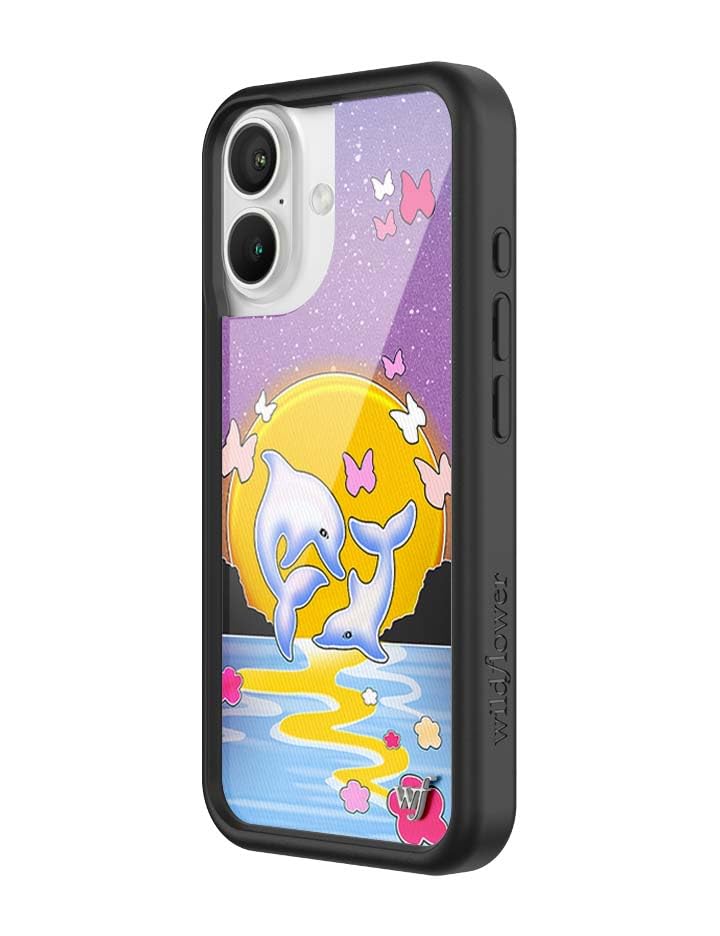 Image of Wildflower Cases - Compatible with iPhone 16 | Protective Black Bumper, 6.5ft Drop Test Certified, Women Owned Small Business | Dolphin Sunset