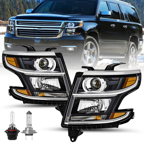 SOCKIR LED DRL Projector Headlight Assembly w/Bulbs Compatible with 2015-2020 Chevy Tahoe/Suburban Halogen Headlamp Driver and Passenger Side