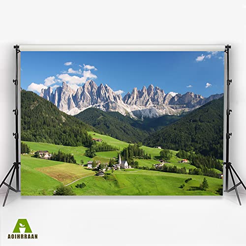 Aoihrraan 3,5x2,5m European Alps Landscape Backdrop Swiss Mountains Green Forest Prairie Blue Sky Resort Photography Background Holiday Travel Party Wedding Portrait Wallpaper Photo Studio Props - Image 3