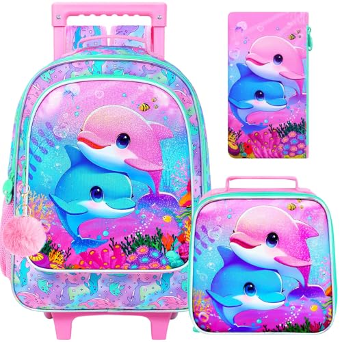 KLFVB Rolling Bookbag for Girls, 3PCS Kids Roller Backpack with Lunch Bag, Wheeled School Bag for Children - Dolphins