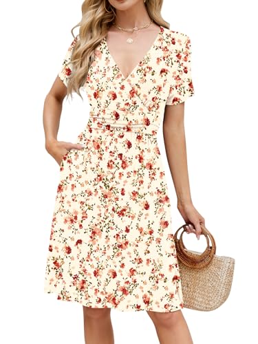 Image of Naggoo Womens Summer Dresses for Women 2026 Spring Floral Sundress Short Sleeve V Neck Wrap Dress with Pockets