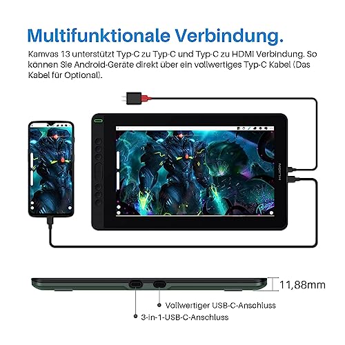 HUION Kamvas 13 Grafiktablett mit Display, 13,3 Zoll Volllaminatbildschirm Pen Display, 8...