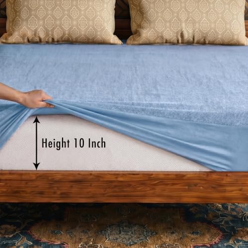 Image of Lithara Terry Cotton Fitted Mattress Protector for King Size Bed | Waterproof & Elastic Band | Ultra Soft & Hypoallergenic Mattress Cover | Size : 72 x 80 Inches (6 x 6.67 Feet) | (Sky Blue)