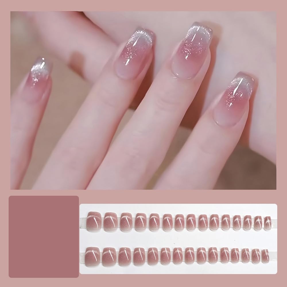 Short False Nails, Cat Eye Glitter Press on Nails - Image 2