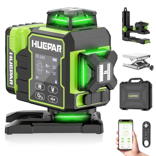 Huepar 2025新版 W04CG 4D グリーンレーザー墨出し器、レーザーレベル、回転モーターベース付き LCD ディスプレ、360° セルフレベリング クロスライン レーザー、 高精度レーザーレベル、パルスモード 遠距離操作 リモコン付き