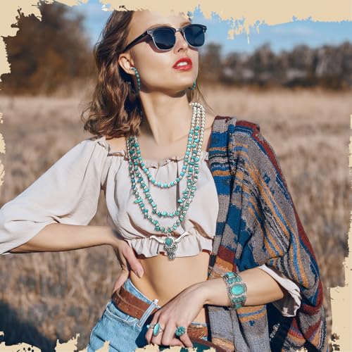 Image of Ecally Bohemian Western Jewelry Turquoise Set Women Country Pendant Long Choker Layered Bracelets Earrings Ring for Women