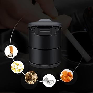 LED Lighted Car Ashtray with Lid Self Extinguishing Mini Car Trash Can Car Smokeless Cylinder Car Ashtray for Home Office and Travel Waterproof Odor Leak Proof Washable Black Matte Ash Tray